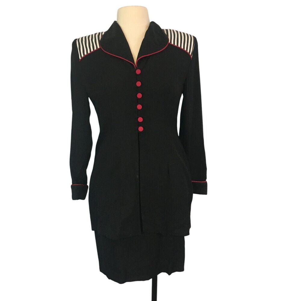 JSJ Petites Vintage 80s Black White Rayon Mod Peplum Dress 4, 34 bust Red Piping